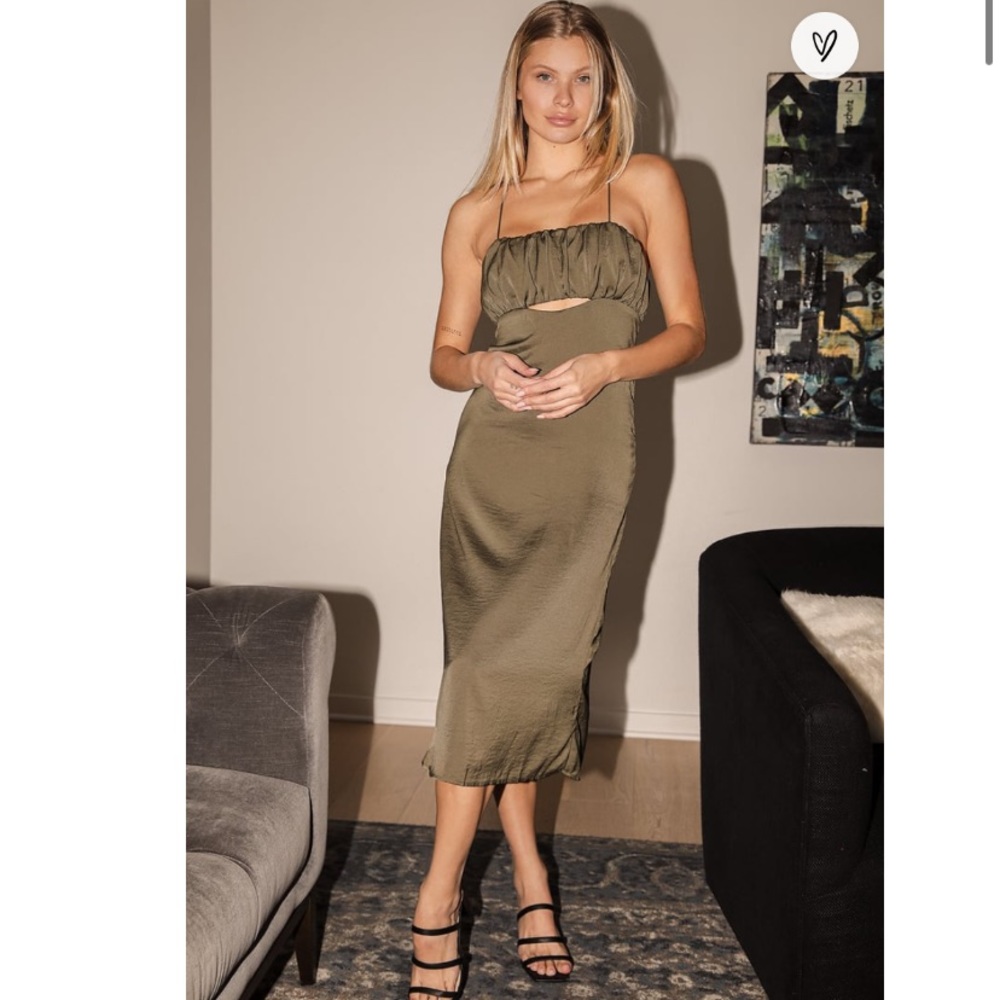 Lulu’s olive-green-satin-cutout-lace-up-midi-dress